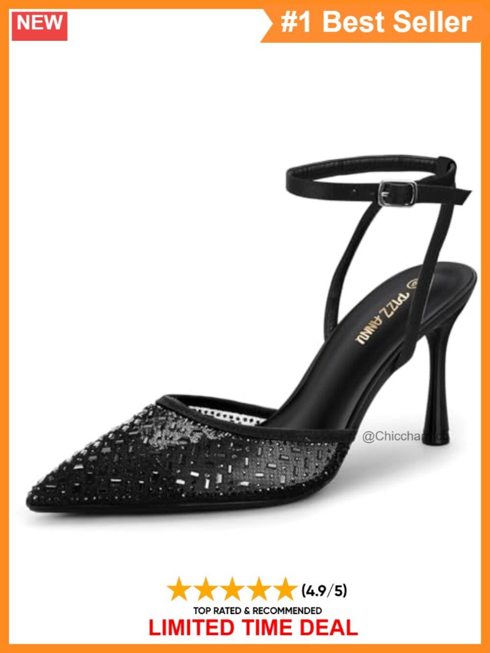 Womens 3 Inch Stiletto Heel Pointed Toe Rhinestone Ankle Strap Mesh Pumps